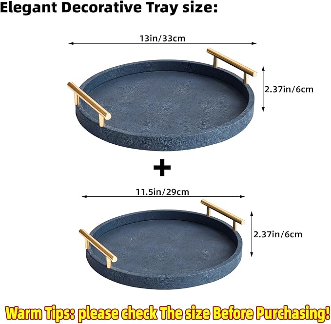 Modern Decorative Serving Tray, Round Shagreen Tray with Gold Polished Metal Handles, Decorative Trays Coffee Table Ottoman Trays for Living Room Bathroom Home Decor, Set of 2 (Blue)