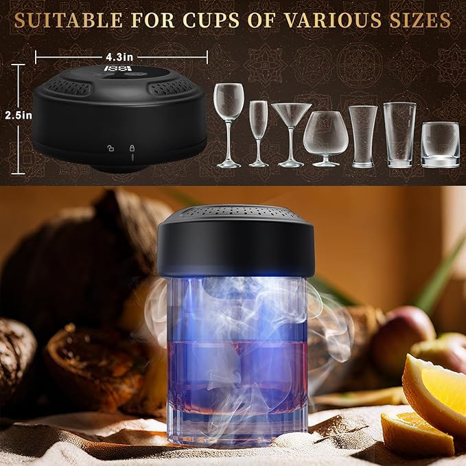 Electric Whiskey Smoker Kit with 5-Color LED Lighting & 6 Wood Chips, No Butane Old Fashioned Smoker Kit Bartender Kit for Cocktail Shaker, Cocktail Smoker Kit for Fathers Day, Gifts for Him