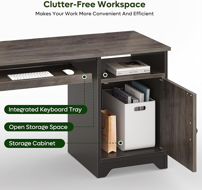 Bestier Office Desk with Keyboard Tray, Industrial Computer Desk with Storage, Reversible Executive Desk with File Cabinet for Home Office Bedroom, 47 inch Grey
