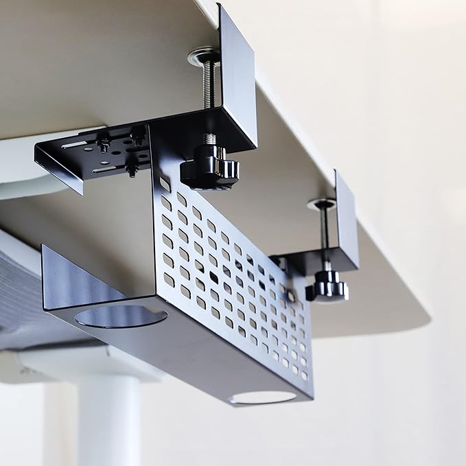 AEONS Premium Monitor Laptop Mount & Under Desk Cable Management Tray Wire Cord Organizer & Desk Clamp Mount PDU, No Drill Computer Computer Cord Raceway and Modesty Panel, Silver & Black