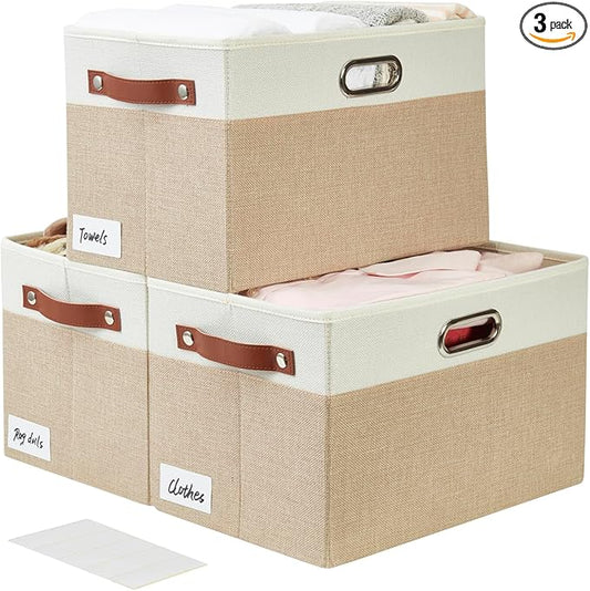 Large Collapsible Fabric Storage Bins with 3 Handles, Foldable Organizer Baskets for Closet, Shelves, Living Room | 3 Pack, Durable PU & Metal Handles (14.9"x9.8"x9.8", Beige & White)
