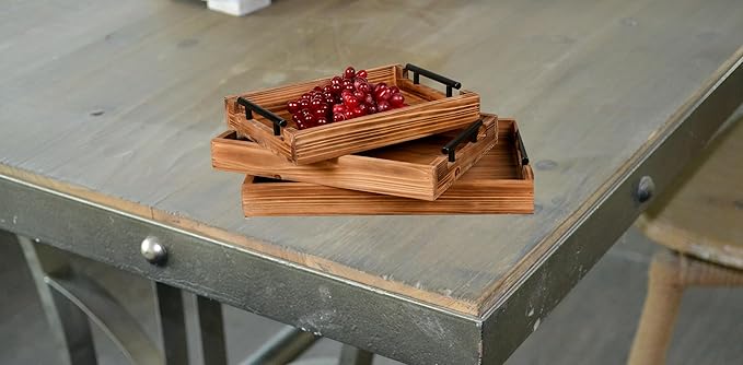 Coffee Table Tray Decorative Nested Vintage Wood Serving Tray Set for Eating, Breakfast, Party, Kitchen, Ottoman,Tea Coffee Table Large Ottoman Trays (Wood, 3Pc)