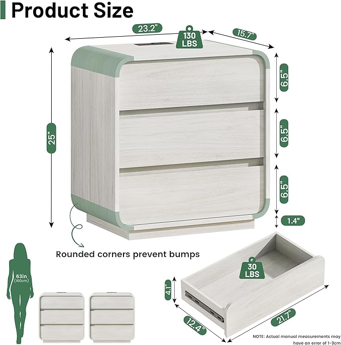White Nightstand Set of 2 with Charging Station, 23.2" Wide Wood Bedside Table, Modern End Table with 3 Storage Drawers, Curved Profile, Mid Century Night Stand for Bedroom Dorm Office
