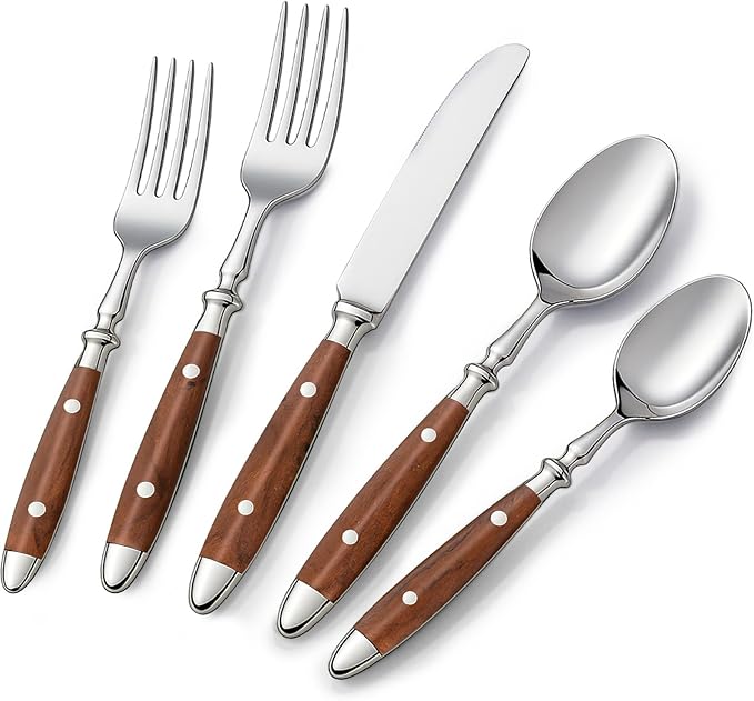 5-Piece Silverware Set, Stainless Steel Flatware Set, Service for 1, Vintage Cutlery Set with Wooden Color Bakelite Handle, Dishwasher Safe
