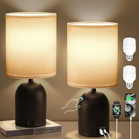 Bedside Black Table Lamps Set of 2 for Bedroom, 3 Way Dimmable Touch Nightstand Lamp with USB C and A Ports Small Table Desk Lamp for Bedroom, Reading Room, Office, Dorm Black/White