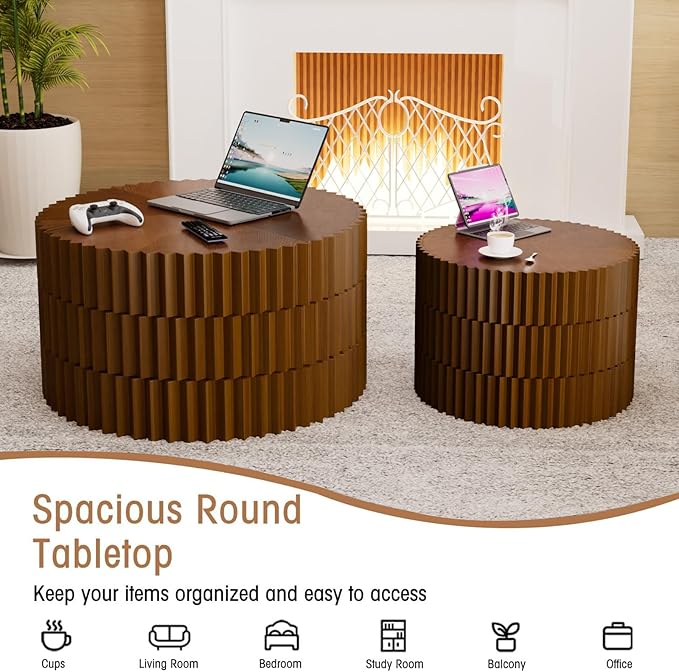 Round Nesting Coffee Table Set of 2 Walnut Round Drum Fluted Coffee Tables for Small Space Modern Stacking Nesting Tables Minimalist Circle Center Table 2 Piece for Living Room (Walnut)
