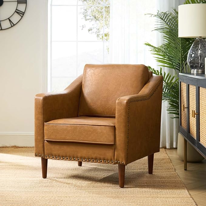 HULALA HOME Faux Leather Accent Armchair with Back & Seat Cushions, Traditional Club Chair with Nailhead Trim, Comfy Upholstered Sofa Chair for Bedroom Living Room, Camel