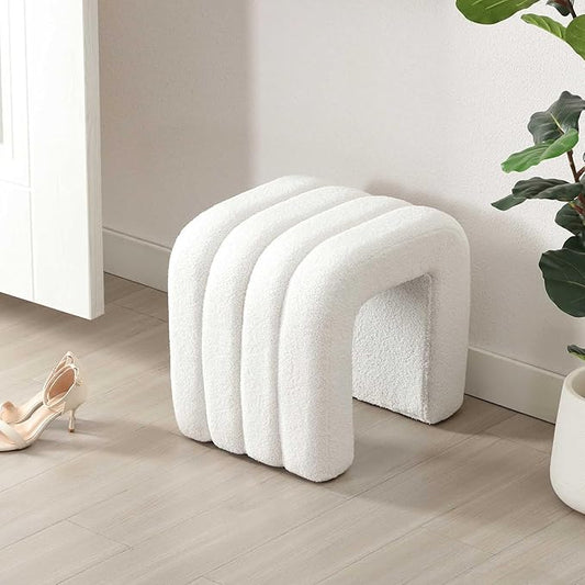 Flouki Ottoman Foot Stool with Channel Tufted, Small Ottoman Bench for Entryway, Modern Sherpa Vanity Stool Chair, Upholstered Foot Rest Extra Seat for Living Room (Off-White)