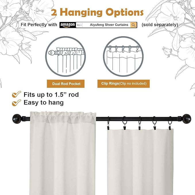 Aiyufeng Natural Short 36 Inches Room Darkening Curtain 2 Panels Set, Half Window Rod Pocket Privacy Tiers for Kitchen, Curtains Blackout for Bathroom Shades, W40 x L36 Inch, Natural