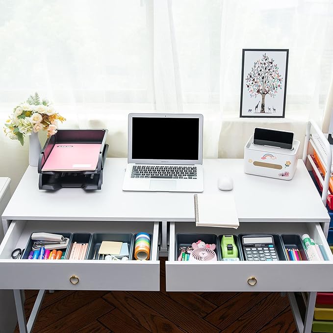 Gonice 13 PCS Drawer Organizer Tray, Interlocking Office Desk Drawer Storage, Black Plastic Organizer Bins for Office Supplies and Tools, Desk Drawer Organizer for Bathroom and Kitchen