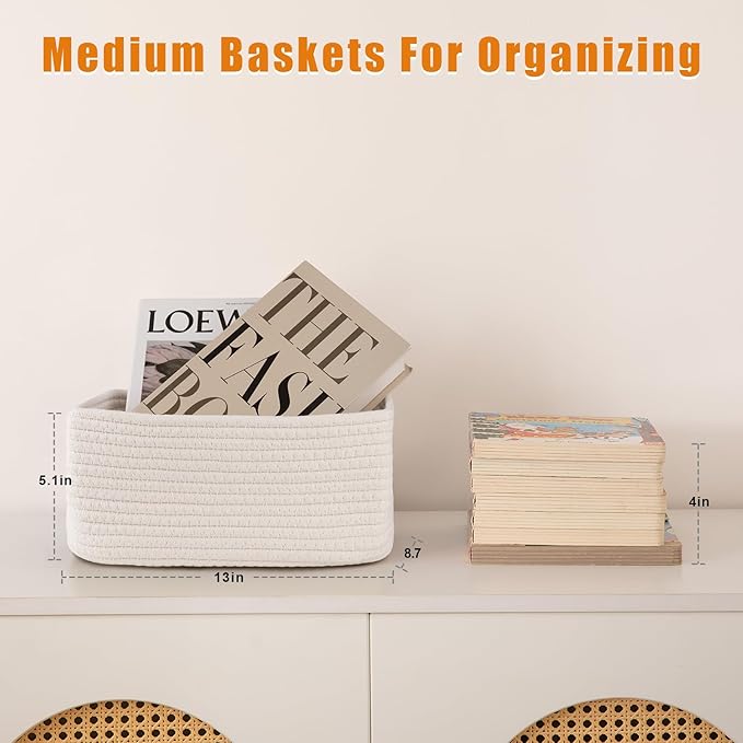 OIAHOMY 4 Pack Storage Baskets for Organizing, Small Bins for Shelves, Cute Decorative Storage Bins, Organizer Baskets for Gifts Empty, 13''Lx8.7''Wx5.1''H, White