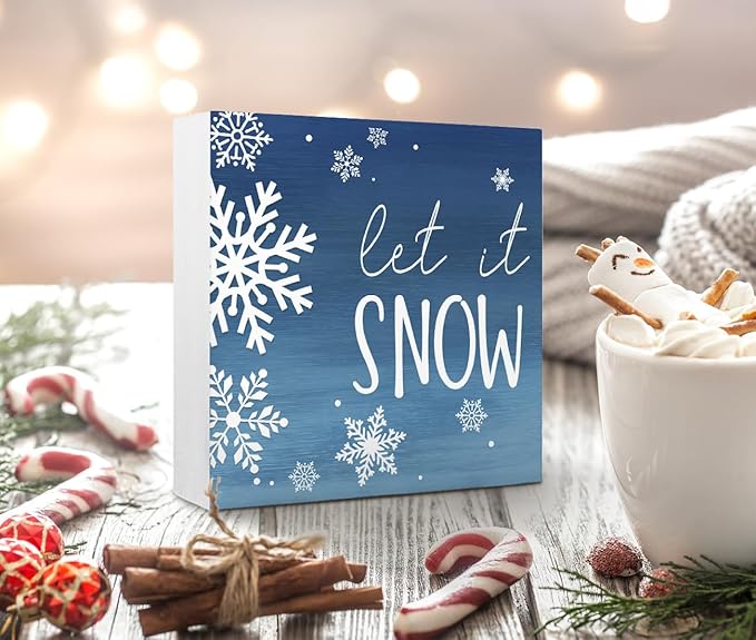 EIONEY Let it Snow Christmas Decorations Wood Box Sign,Rustic Farmhouse Winter Christmas Desk Decor,Seasonal Winter Holiday Decor for Home Bedroom Living Room Desk Shelf Table,5x5 Inch