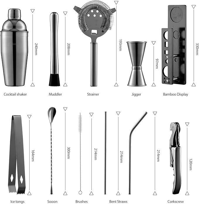 Bartender Kit with Stand, 11 Piece Set, Cocktail Shaker Set 24 oz Shaker Bar Tool Set for Beginner with Recipe