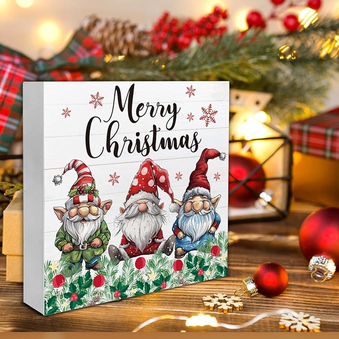 Christmas Signs, Merry Christmas Wooden Sign Decor, Christmas Gnomes Wooden Block Sign, Indoor Christmas Decor for Table Shelf 5 x 5 Inch