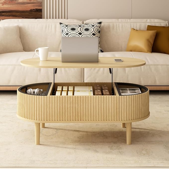 Ludatido 39 Inch Lift Top Coffee Table with 3 Storage for Living Room, Oval Coffee Table with Hidden Compartment, Fully Wooden Center Easy to Assembled for Home Living Room Office Burlywood