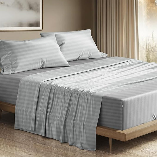 THREAD SPREAD 100% Egyptian Cotton Sheets Queen Size - 1200 Thread Count 4 PC Damask Sheet Set Egyptian Cotton, Sateen Luxury Sheet Queen Size, Soft Sateen Sheets, 17" Deep Pocket - Silver Stripe