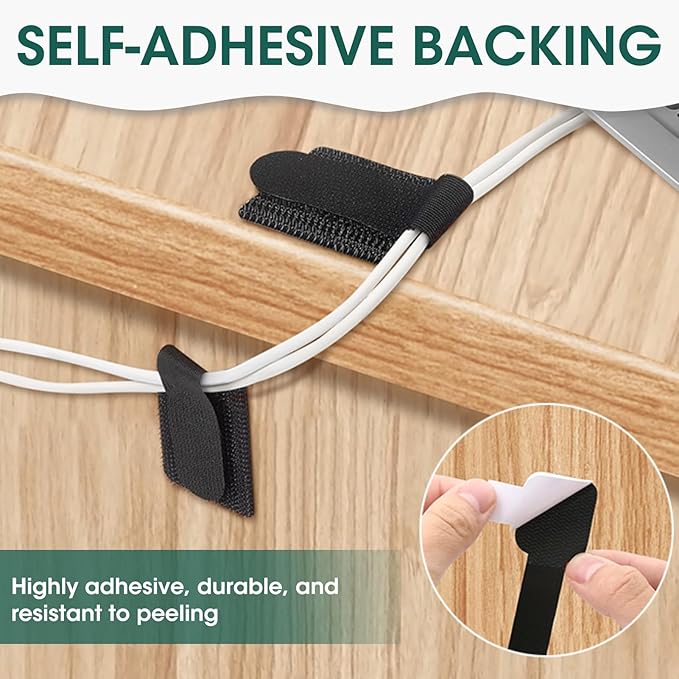 Hook and Loop Cable Ties, 50PCS Black Cord Organizer, Under Desk Cord Management for Home & Office, 1.18×3.54×0.59in