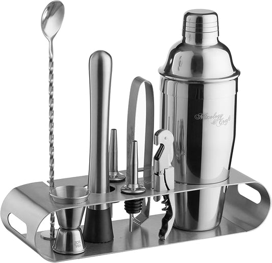Mixology & Craft Cocktail Shaker Set - 24oz Bartender Kit with Bar Accessories, Stainless Steel Stand, Tools & Recipe Cards - Leak-Proof & Gift-Ready