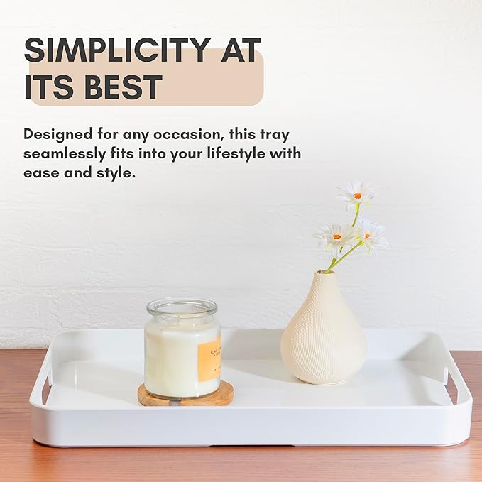 Bzyoo 11.5 x 16 Inch Large Rectangle Stackable Melamine Serving Tray with Handles – Minimalist Design, Multi-Purpose and Durable, BPA Free– Perfect for Kitchen, Dining, and Entertaining - White