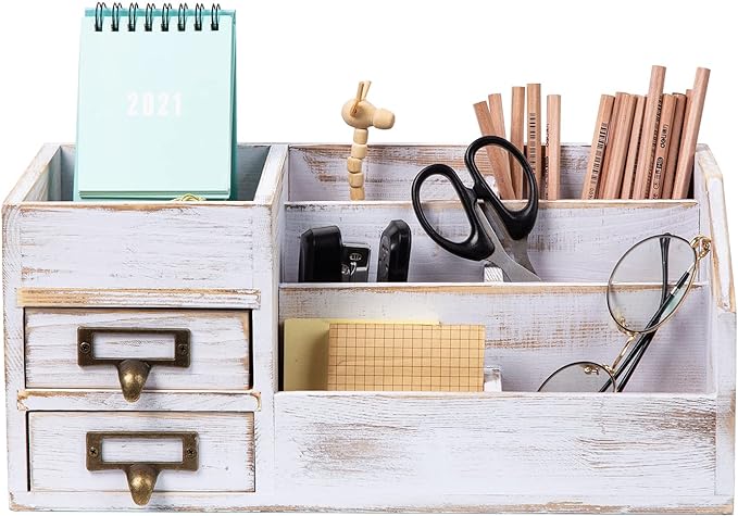 Distressed Rustic Wooden Office Desktop Organizer Shelf Tabletop Home Organizer Storage with Multiple Compartments 2 Tier Drawers perfect Jewelry storage Display Box for Desk Vanity (Washed white)