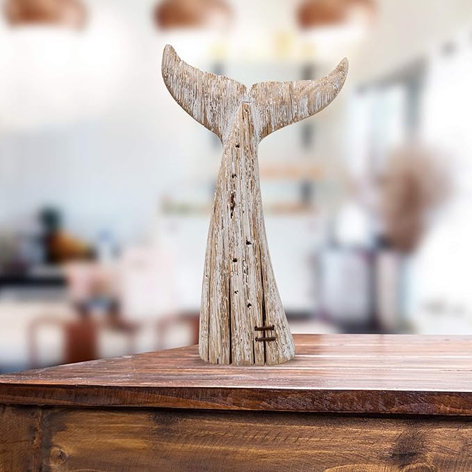 Morning View Wooden Whale Tail Decor - Rustic Nautical Free Standing Wooden Statue - 13.6 Inch High