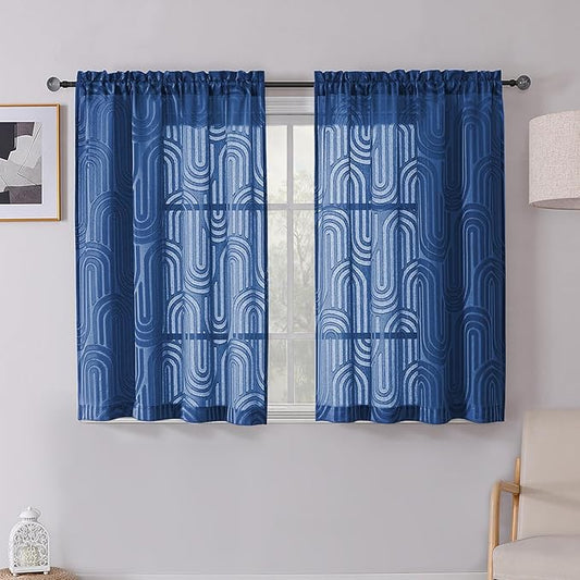 Simplebrand Dusty Blue Sheer Curtains, 42W x 54L Inches, 2 Panels, Geometric Mid Century Jacquard Clip, Light Filtering, Rod Pocket, Modern Style, Bedroom & Living Room