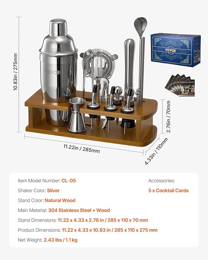 VEVOR Cocktail Shaker Set, 18-Piece Stainless Steel Bar Tools with Bamboo Stand, Martini Bartender Kit Accessories | Mixer Spoon, Muddler, Jigger, Strainer, Liquor Pourers, Ice Tong, Corkscrew, Silver