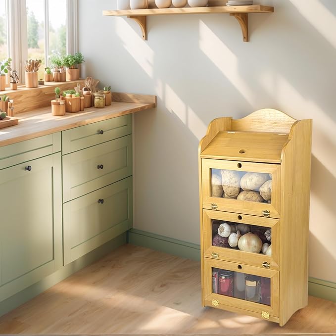 ARTAWEIN Onion and Potato Storage Bin Box Farmhouse Fruit and Vegetable Storage Small Food Kitchen Pantry Cabinet for Snack Large Bread Box for Homemade Bread Black Potato Bins