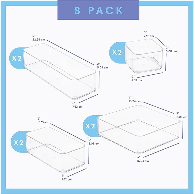 Eight Piecs. Plastic Clear Drawer Organizers for Bathroom, Kitchen, Bedroom, Office Organizer Bins, Storage Trays. Heavy Duty, Stackable 4 Sizes