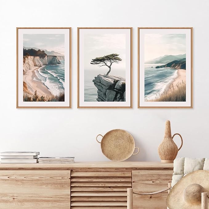 Amalfi Coastal Seascape Framed Canvas Wall Art Set, Summer Ocean Wall Decor, Southwestern Beach Wall Painting, Ocean Seascape Art Prints for Living Room, Bedroom, Dining Room - 24"x36"x3