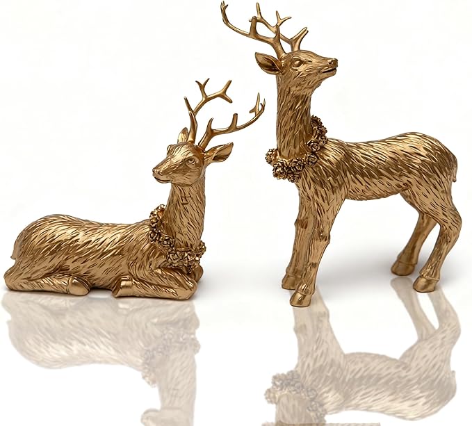 2pcs Pine Nut Reindeer Christmas Decorations, Deer Figurines Home Decor, Elk Figurine, Holiday Home Décor Accents for Xmas Office Living Room & Bedroom Decorations (Pine Nut Medium, Gold)