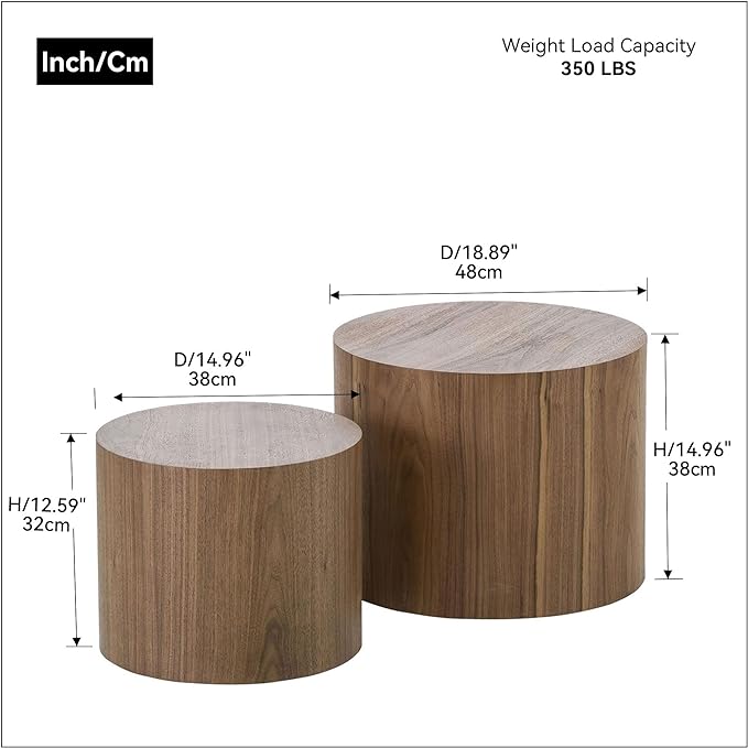 Nesting Coffee Table Set of 2, Modern Round Side Tables with Non-Slip Feet, Walnut Wooden Accent Table, Circle End Tables, Minimalist Table for Small Space Living Room Bedroom Balcony