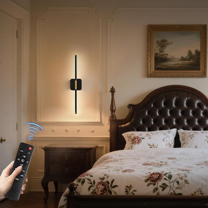 Battery Operated Wall Sconce Detachable 360°Rotate, Wireless Wall Lamp 3000-6500K Dimmable, 10000mAh Rechargeable Wall Light for Bedroom, Living Room，28" Black Gold (1 Pack)