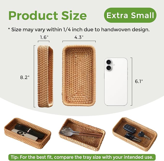 Small Rattan Serving Tray, Natural Wicker Decorative Tray Handwoven for Keys Trinkets Rings Cosmetics, Decorative Jewelry Perfume Tray for Coffee Table Entryway Living Room(8.2" × 4.3")