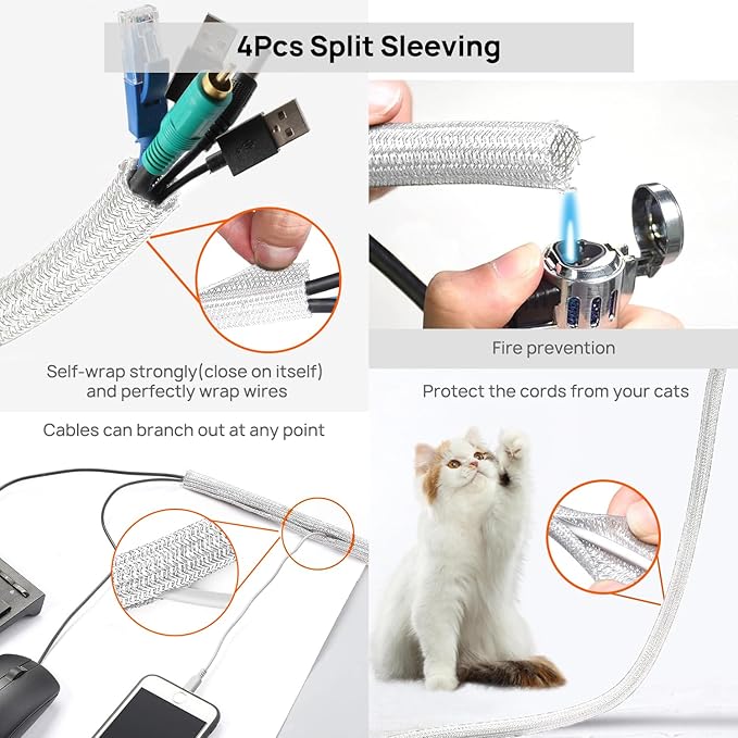 193 PCS Cable Management Kit - 4 Cable Sleeve, 57 Self Adhesive Cable Clips, 12 Hanging Strips, 12 Cable Organizer Straps and 100 Fastening Cable Ties for TV Computer Under Desk (White)