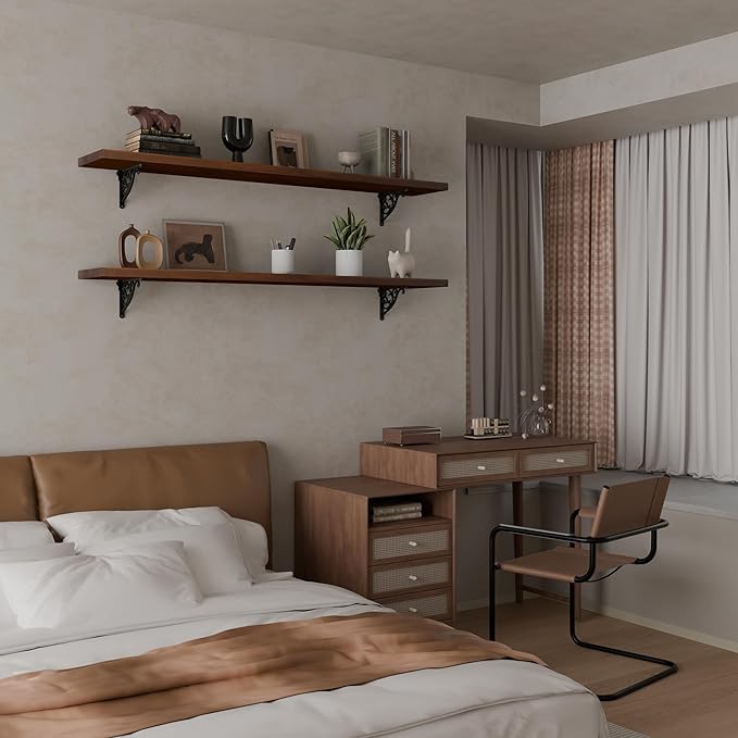 48 inch Long Floating Shelves for Wall,Solid Pine Wood Long Wall Shelves Set of 2,Walnut Color Bookshelf with Retro Iron Brackets for Living Room,Kitchen,Bathroom