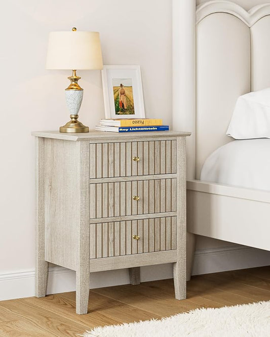 Night Stand, Fluted Nightstand Bedside Tall Farmhouse Nightstand with 3 Drawers, Mid Century Modern Side Accent Table,Bedside End Table for Bedroom, Living Room, Beige