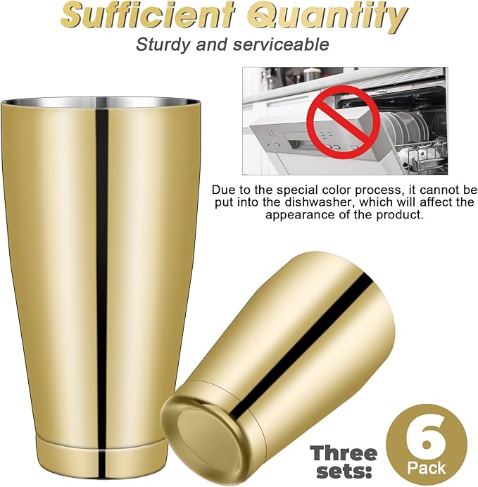 Sabary 6 Pcs Cocktail Shakers Professional Bar Shaker Boston Set Stainless Steel Martini Drink Mixer Basic Tool Weighted Shake Metal Can Cocktail Shaker Set, 18 Oz, 28 oz (Gold)