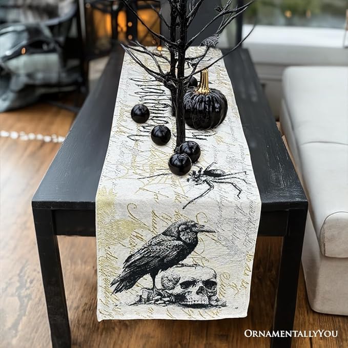 Timeless Table Runner with Elegant Designs for Every Occasion (Elegant 72" Gothic Jacquard Table Runner, Halloween Tablecloth with Spider Webs and Black Ravens)