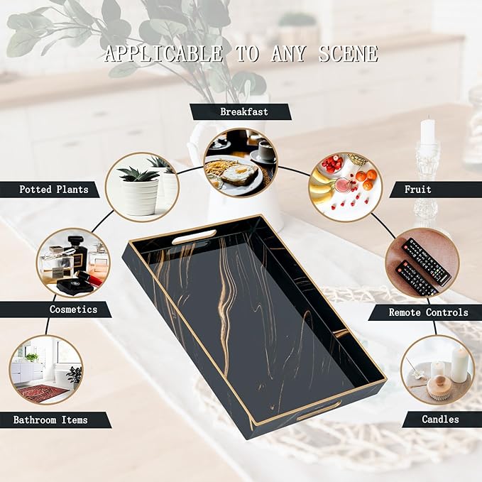 Set of 2 Serving Tray,Plastic Marble Coffee Table Tray 18.9"x13.7"x1.6"/15.7"x11.8"x1.6" Food Trays for Eating on Lap Coffee Tray with Handles Rectangular Decorative Trays,Tea Trays for Serving