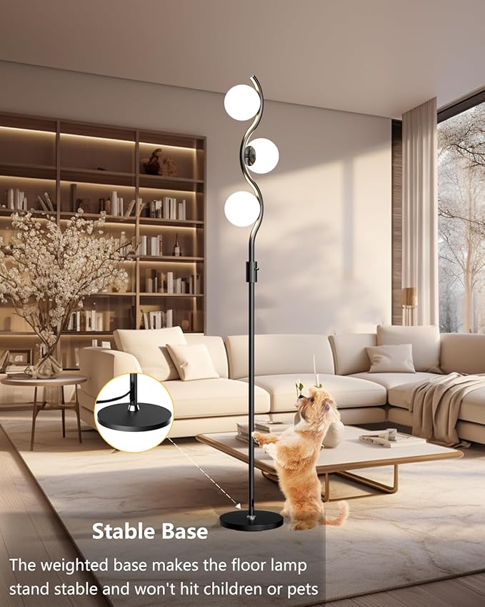 Lightdot 60IN 3-Globe Dimmable Black Floor Lamp Mid Century Standing Lamps with 3Pcs 3000K Warm White G9 Bulbs Stepless Brightness Adjustable Modern Tall Lamp Stable Base for Bedroom Office