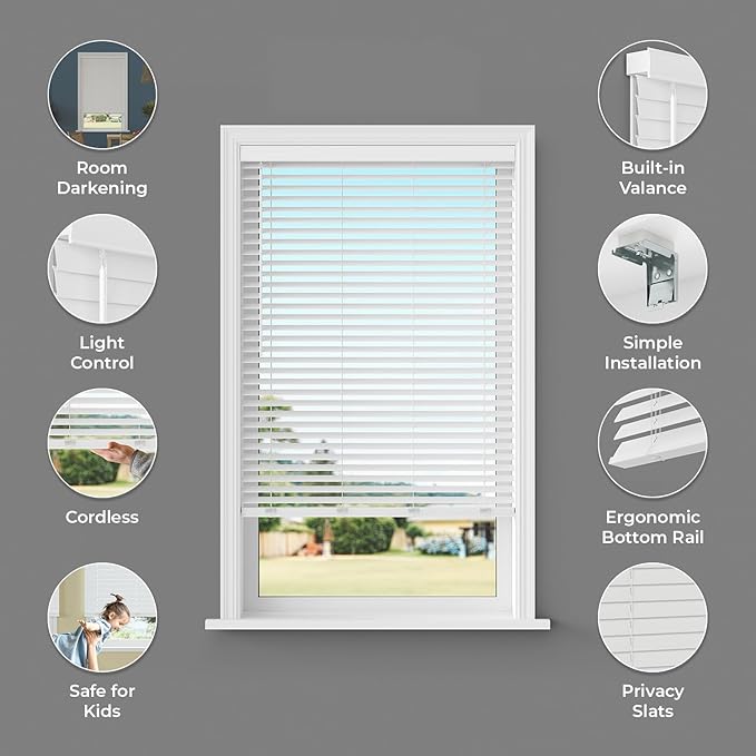 2 Inch Cordless Room Darkening Faux Wood Blind - 53.25" W x 72" L - White, Over 1,000 Custom Sizes Starting at 18.97, Inside or Outside Mount, Venetian Shades for Interior Windows by Lumino