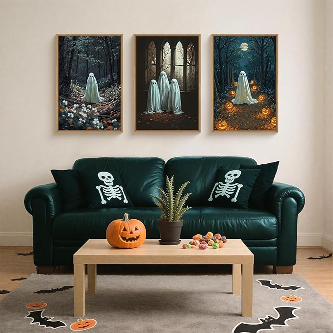 3Pc Halloween Cute Ghost Framed Wall Art Set, Scary Forest and Pumpkin Wall Decor, Horror Moon Night Wall Painting, Gothic Spooky Art Print for Living Room, Bedroom, Party, Basement 24×36inch