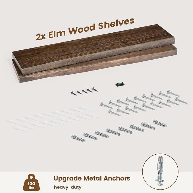 Rustic Elm Wood Floating Shelves for Wall, Live Edge 36"W x 9.2"D x 1.4"H, Set of 2 with Invisible Bracket, Wall Mounted Storage Shelves for Living Room Bedroom Kitchen Bathroom Decor, Walnut Finish