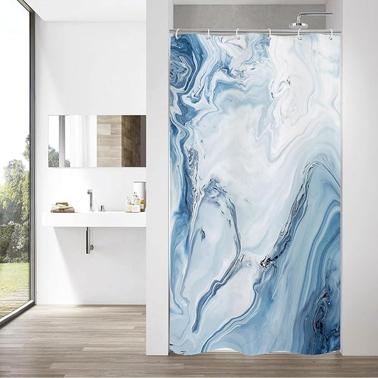 MitoVilla Blue Marble Small Stall Shower Curtain 36 x 72, Abstract Ombre Half Size Narrow Shower Curtain Set, 36 inch Modern Fabric Shower Curtains for Chic Luxury Bathroom Decor