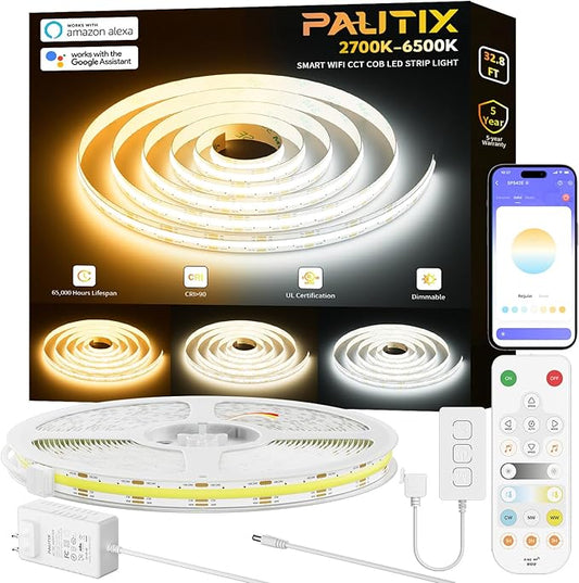 PAUTIX CCT COB LED Strip Light White Tunable 6400LEDs,CRI90+ 32.8ft/10m Dimmable 2700K-6500K 24V LED Tape Lights Kit,Work with Alexa/Google Assistant,for Under Cabinet Bedroom Kitchen DIY Lighting