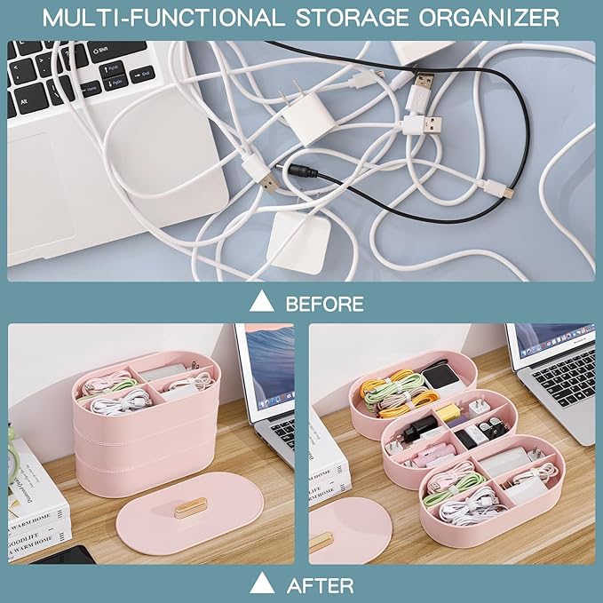 Yesesion Large Cable Storage Organizer with Lid, Plastic Cord Box with 20pcs Wire Ties, Desk Drawer Tray for Phone Chargers, Power Cords, Electronics Accessories, Jewelry, Art Craft (Pink)