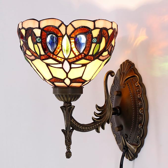 Tiffany Wall Sconce Lamp Blue Stained Glass Flower Style 8X10.5X11 Inch Plug in Wall Bedside Light for Hallway Bedroom (Serenity Victorian Style)