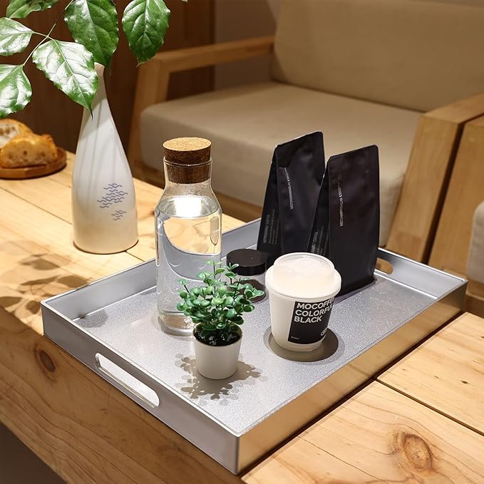 Spsyrine Silver Plastic Serving Tray for Ottoman, Coffee Table, Rectangle Decorative Tray for Entertaining, Outdoor, Living Room, Home Decor