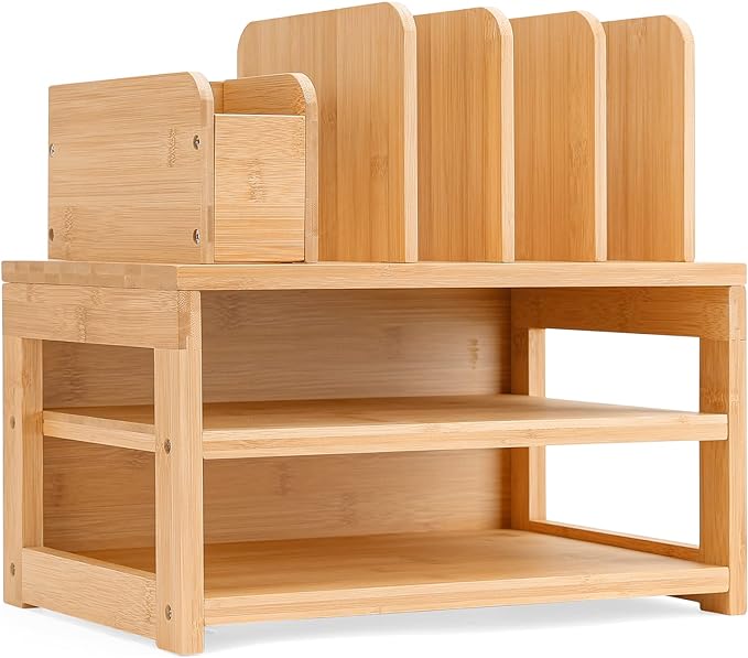 Homde Bamboo Desk Organizer with File Holder, Office Organization for Desks with Adjustable Pen Holding, Desktop Letter Paper Tray Storage for Workplace Home School (3-Tier,Natural)